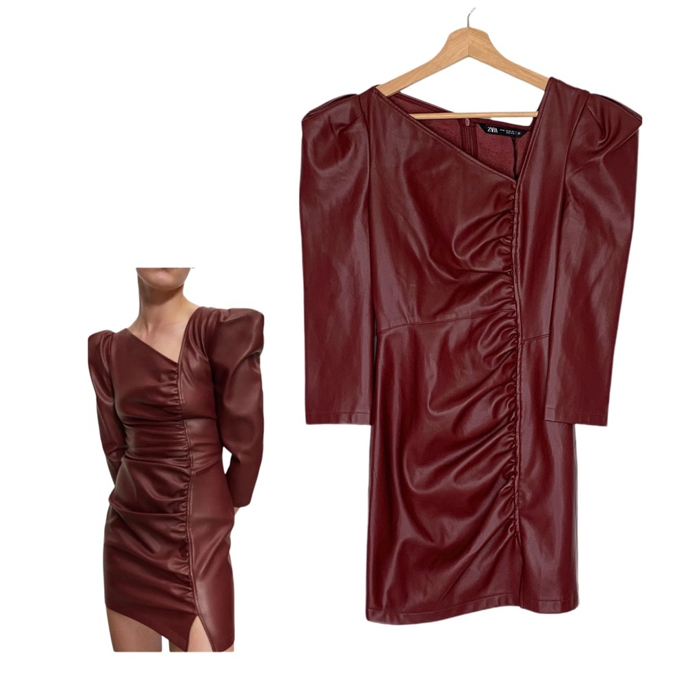 ZARA Faux Leather Maroon Asymmetric Ruched Mini Dress Size XS NWOT Puff Sleeves